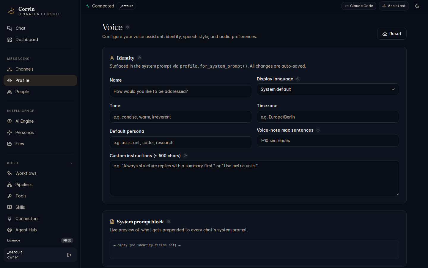 CorvinOS Voice Profile settings