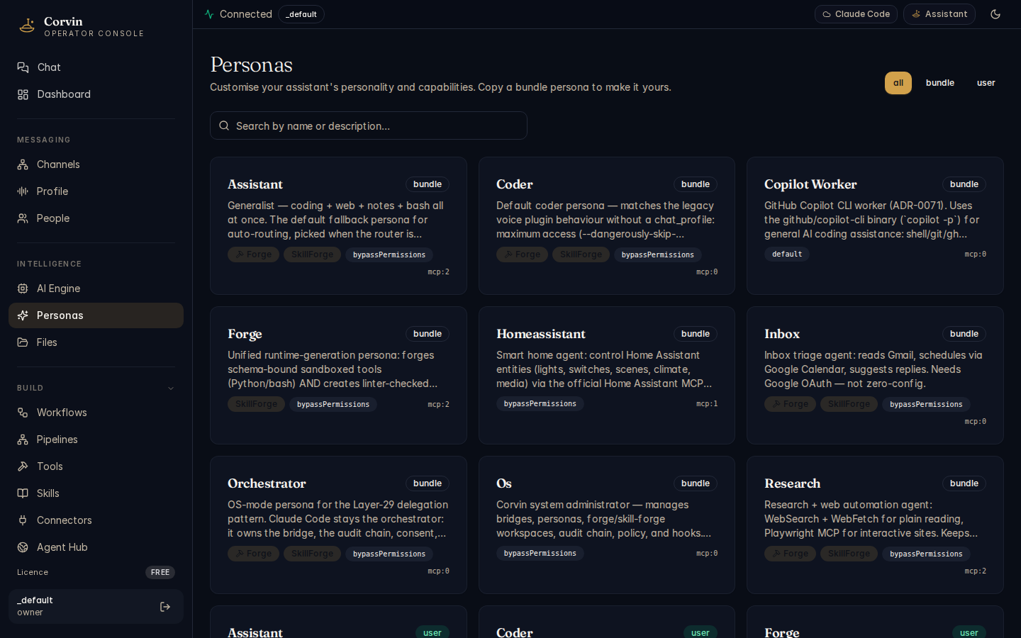 CorvinOS Personas page — card grid