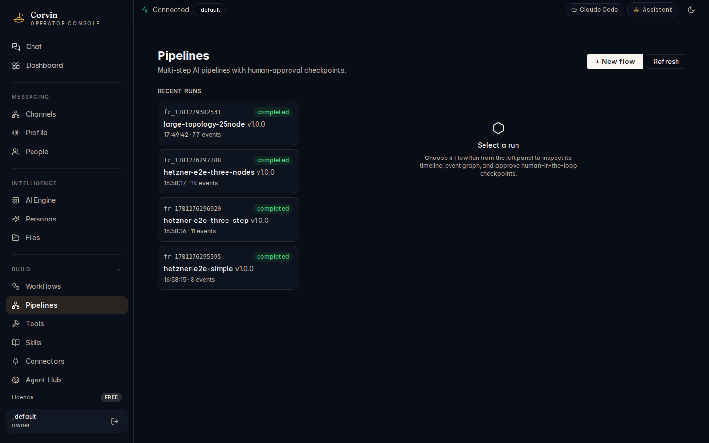 CorvinOS Pipelines — CorvinFlow execution console