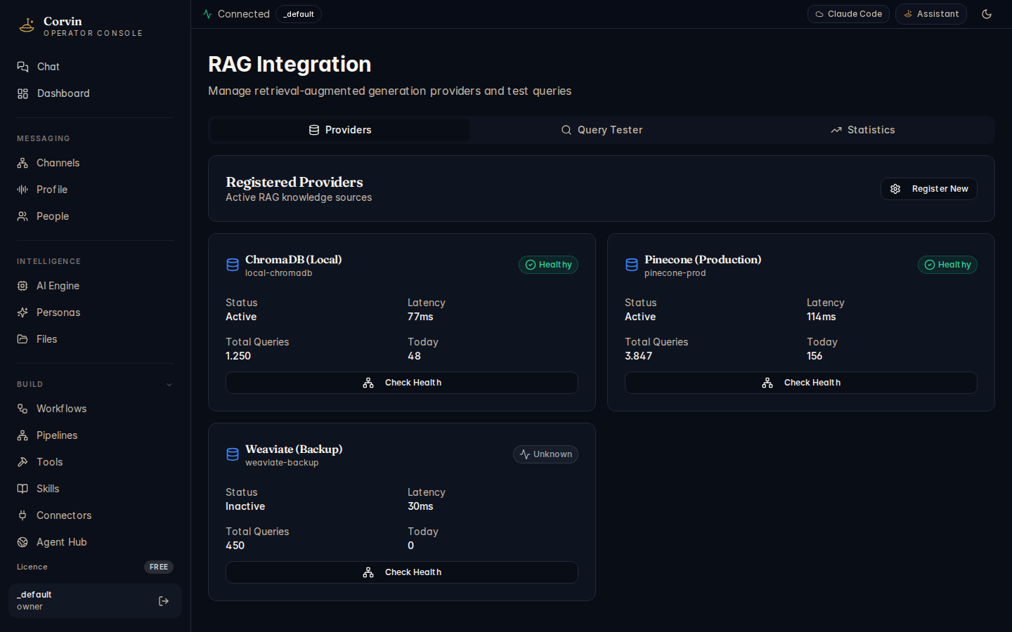 CorvinOS Knowledge (RAG) providers page