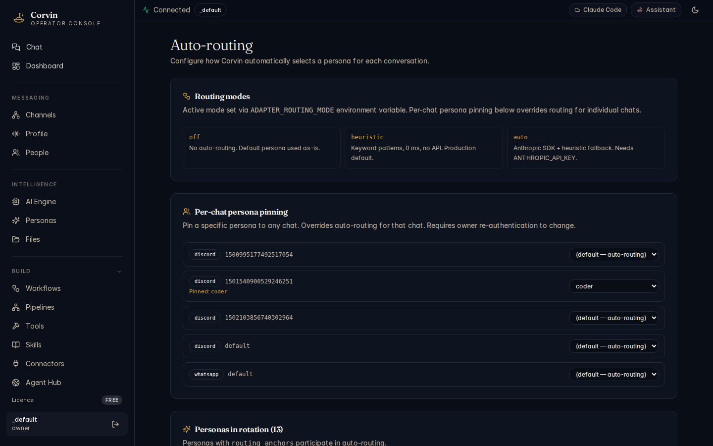 CorvinOS Auto-routing configuration page
