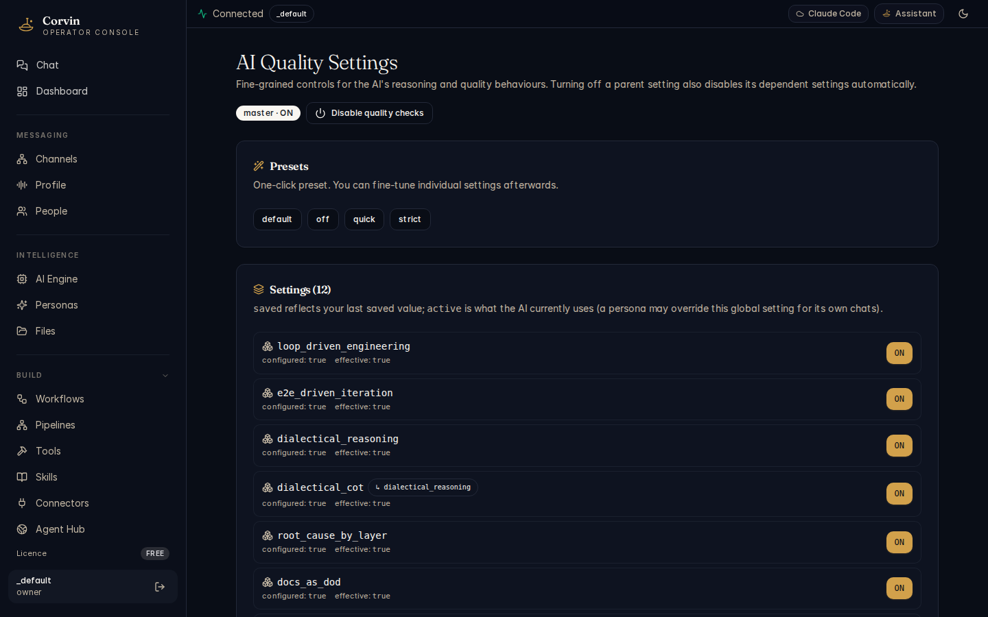 CorvinOS Quality / LDD configuration page