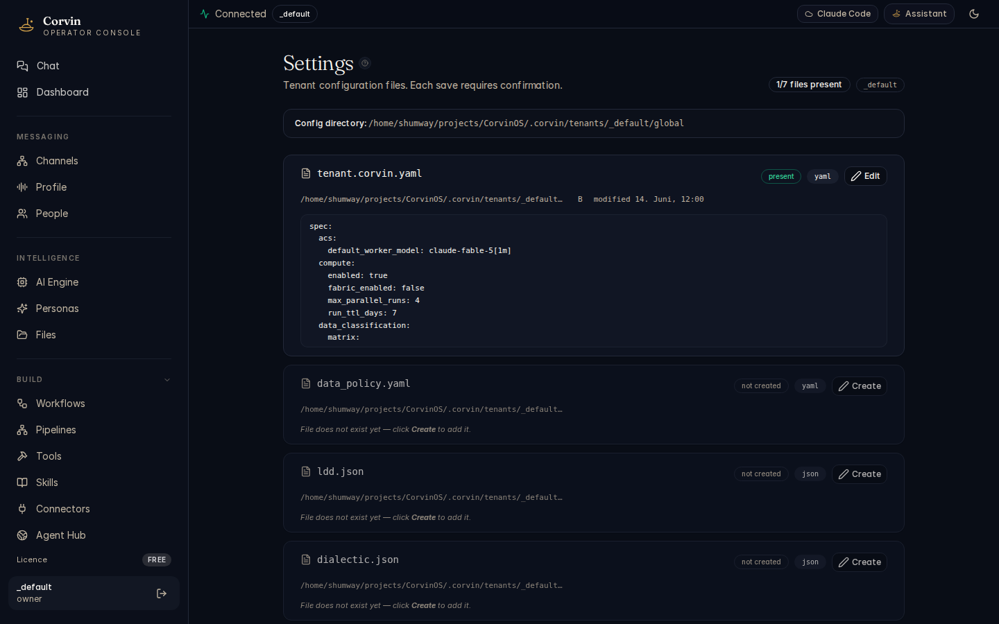 CorvinOS Settings page — tenant configuration editor