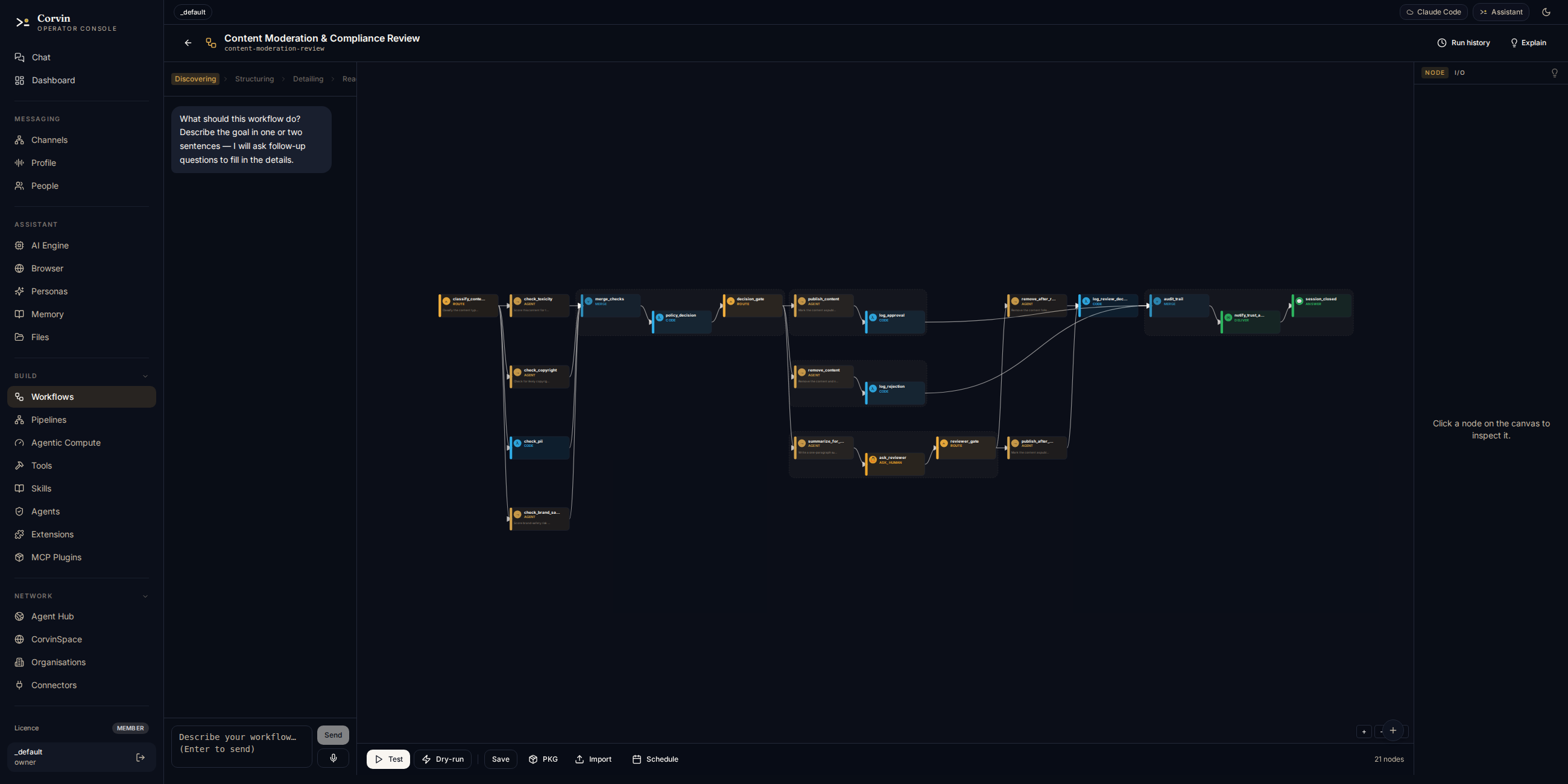 Corvin workflow builder — content moderation and compliance review